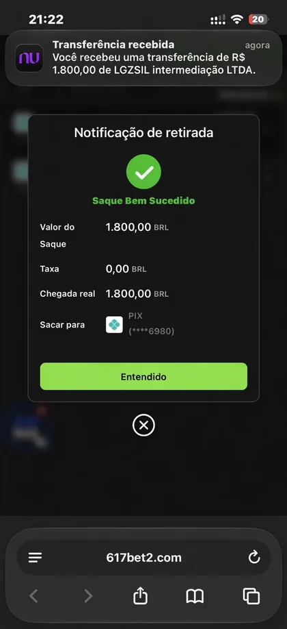Comprovante de saque 617bet 1